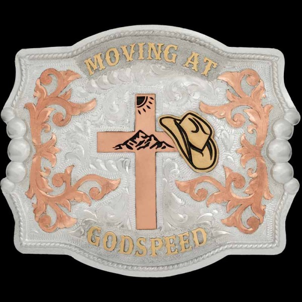 Order the Cross Belt Buckle, an in-stock cowboy buckle, with a western copper cross figure and lettering that states "Moving at God Speed".